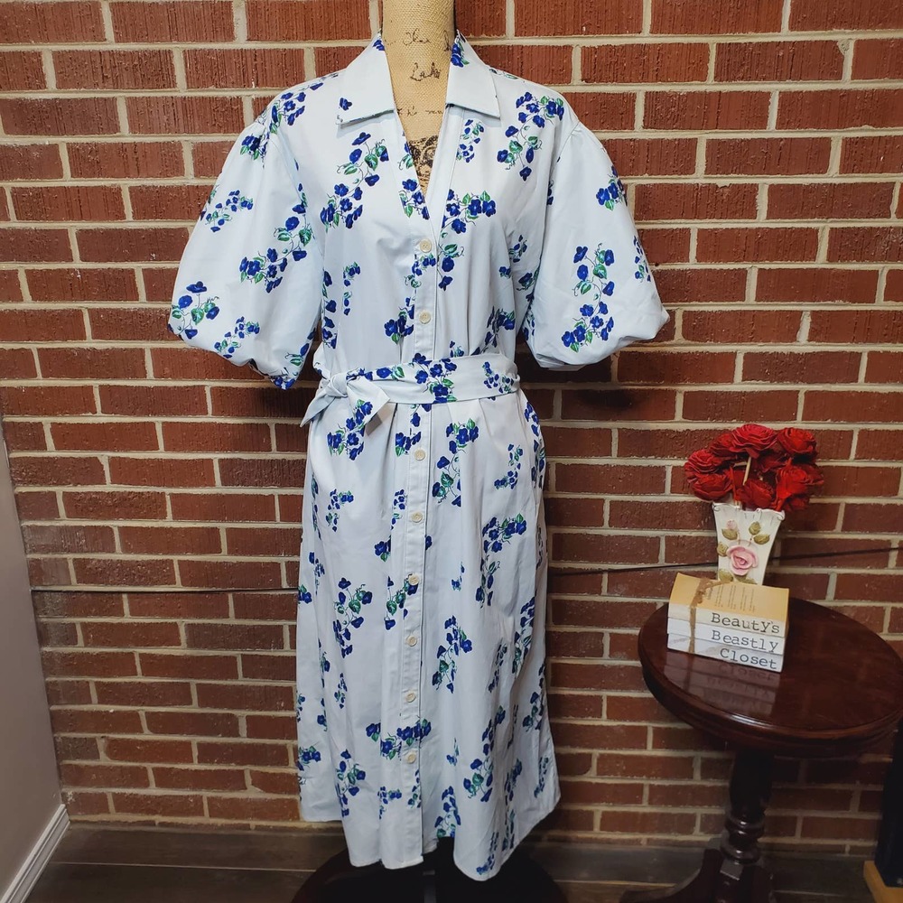 Ghospell Blue Floral Belted Button Front Oversized Puff Sleeve Midi Dress Small